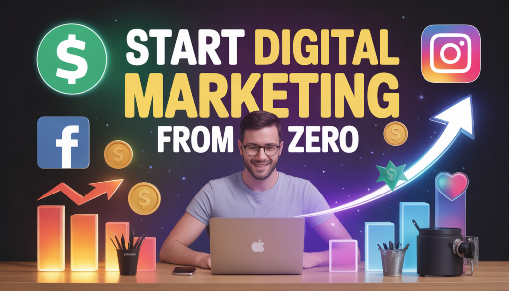 ideogram v3.0 bold title “start digital marketing from zero” in center with a beginner at 0